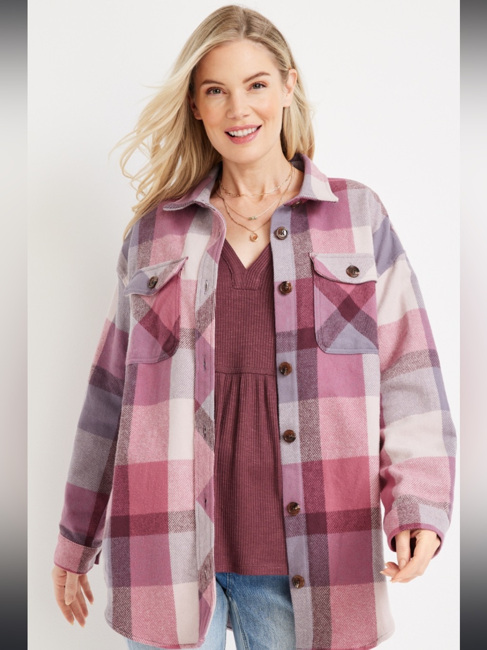 Maurices Pink Gray Plaid Shacket Jacket Size XL
